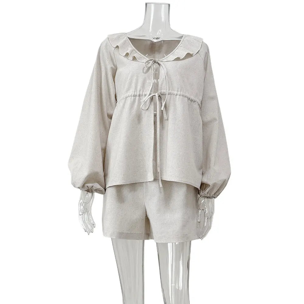 Vintage Tie-Front Peplum Top with & Shorts Set